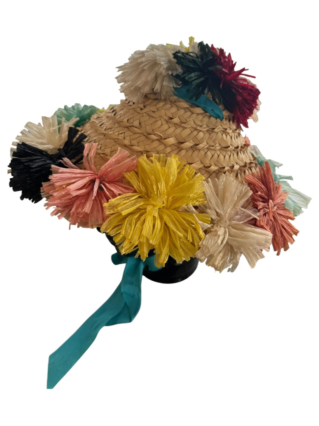 60s Conical Straw Beach Hat Raffia Ribbon Poms