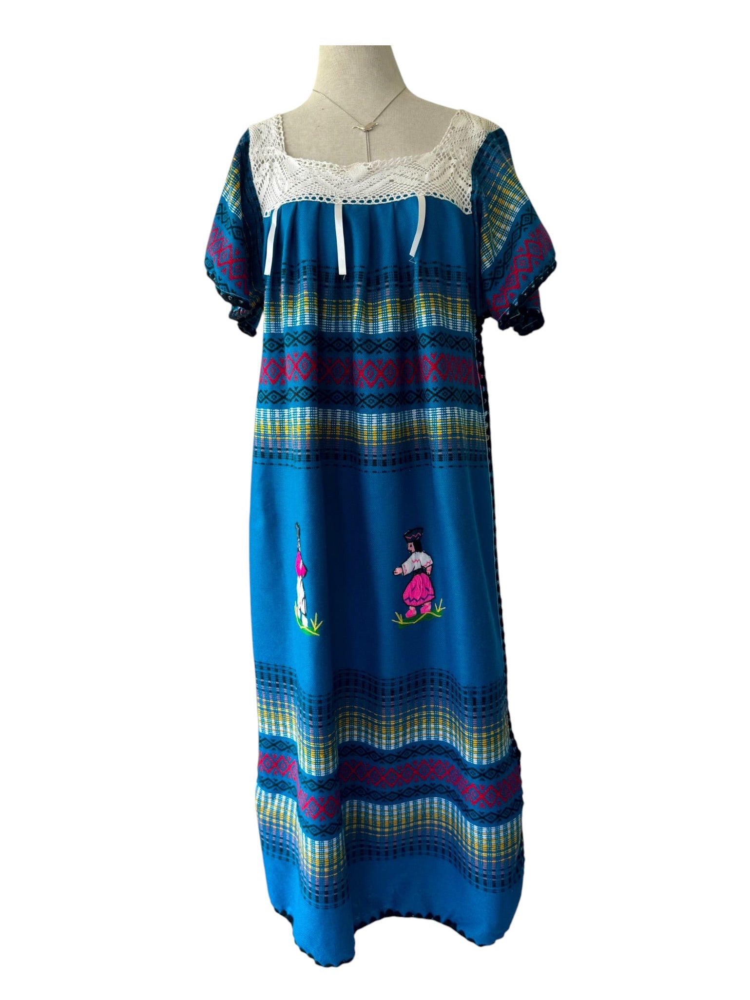 70s Ecuadorian Blue Embroidered Blanket Peasant Dress Caftan