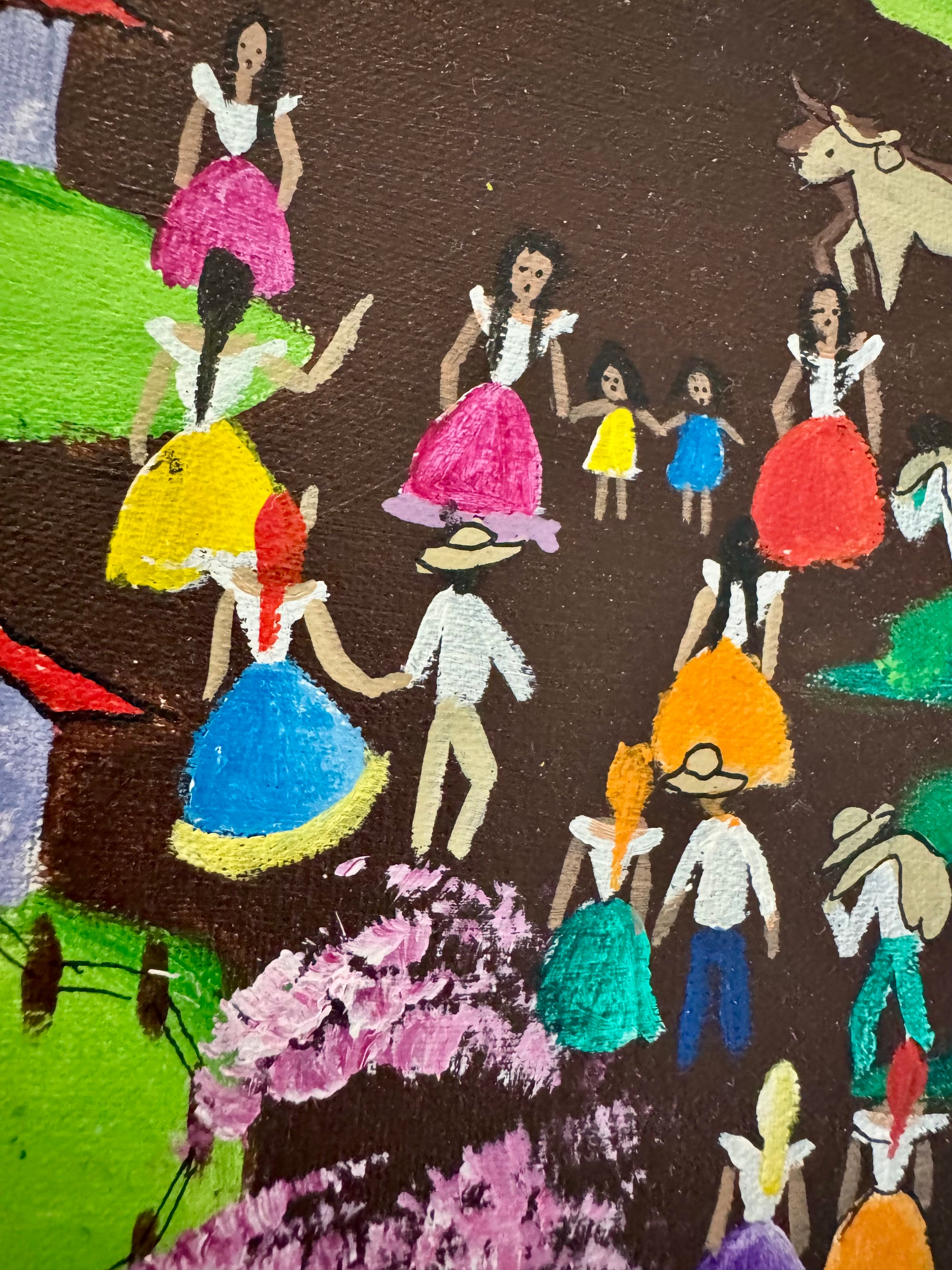 90s Peruvian Folk Art Oil Painting Family 14x10” Framed Outsider Art