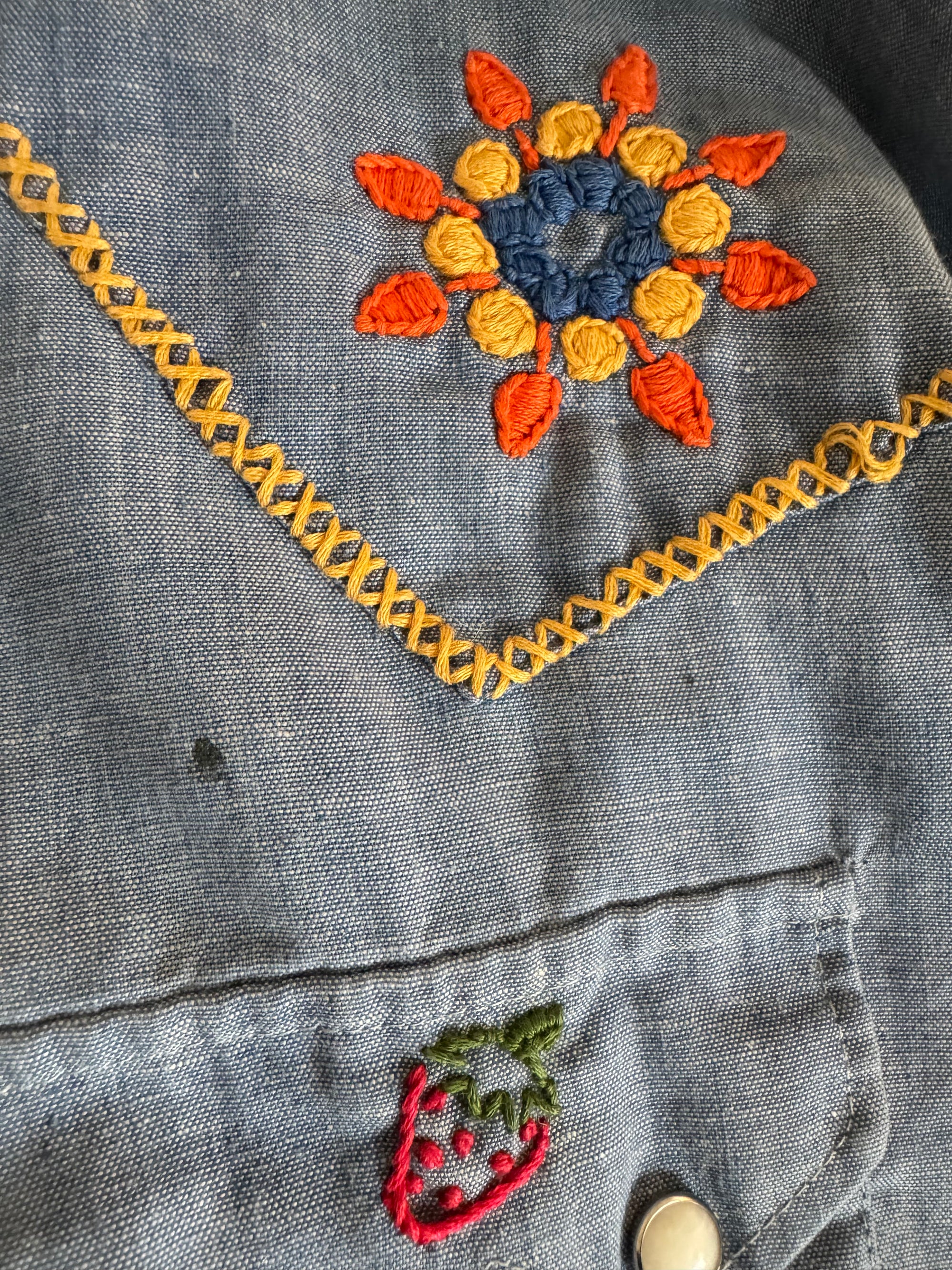 70s Sears Embroidered Chambray Pearl Snap Shirt