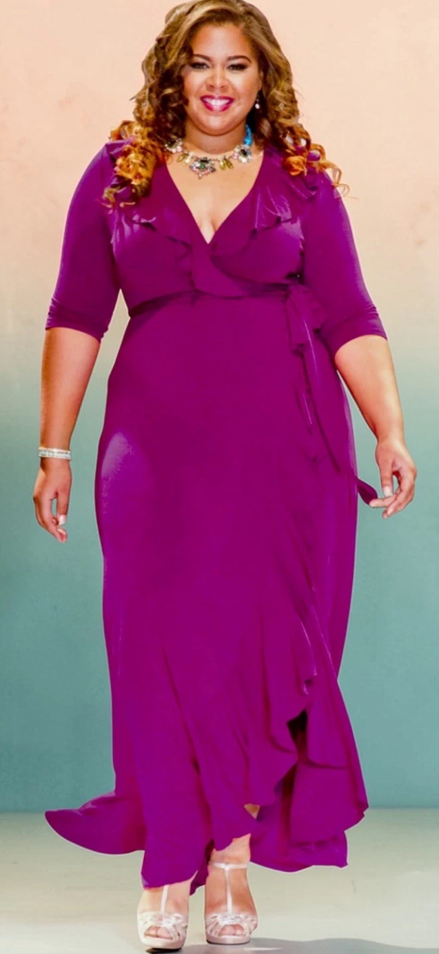 Kiyonna Maritime Whimsy Magenta Purple Wrap Maxi Dress 1X Knit