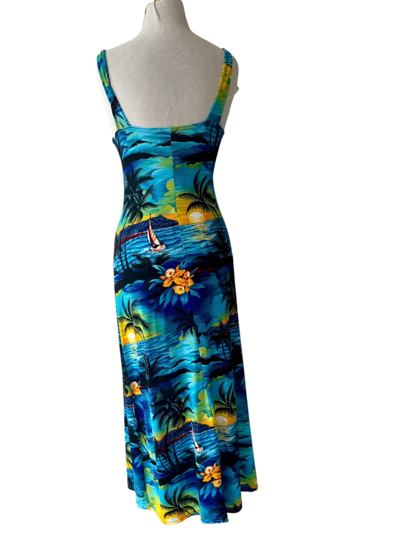 90s Hilo Hattie Blue Hawaiian Floral Knit Dress