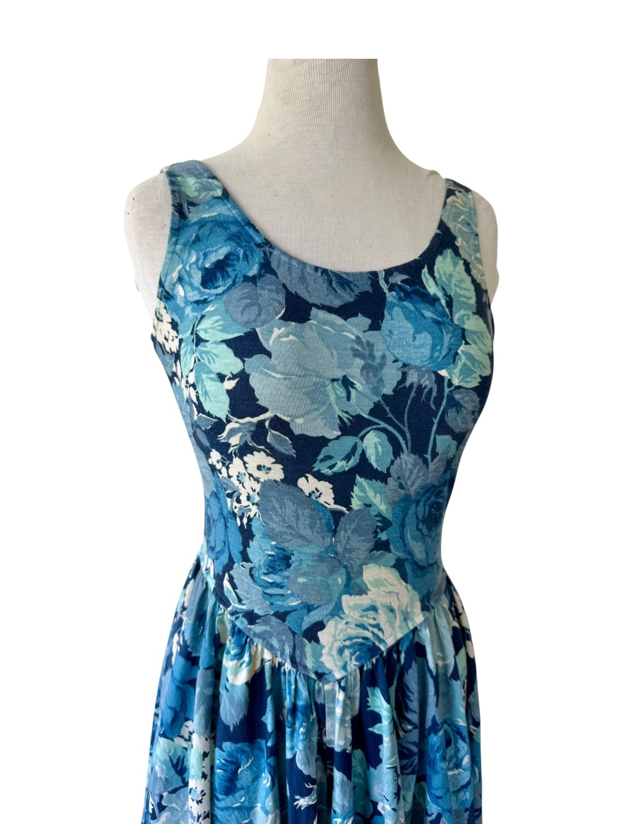 90s Basic Editions Blue Floral Knit Yoke Waist Midi Dress