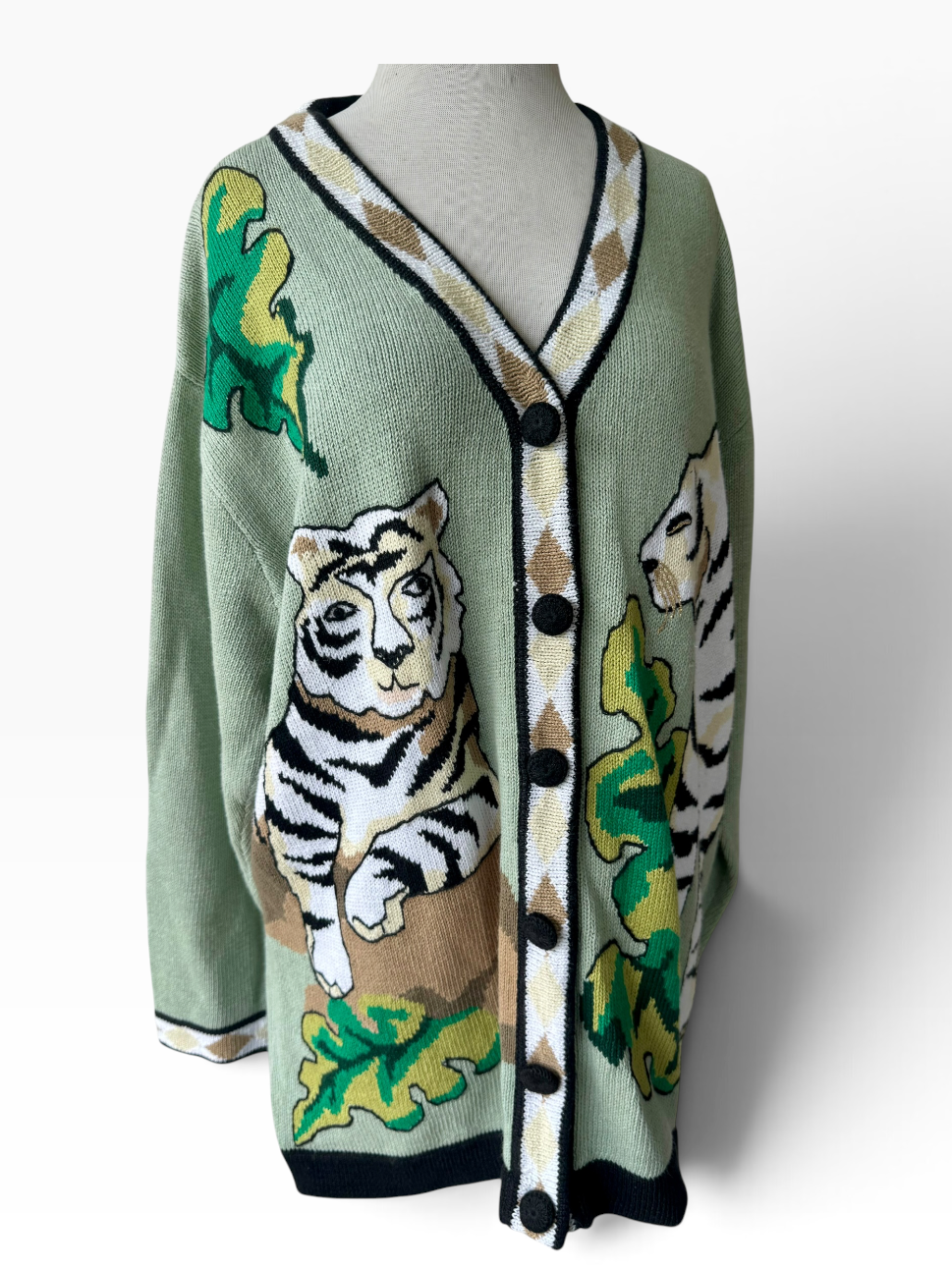 90s Storybook Knits Green Tiger Cardigan Sweater Big Cats
