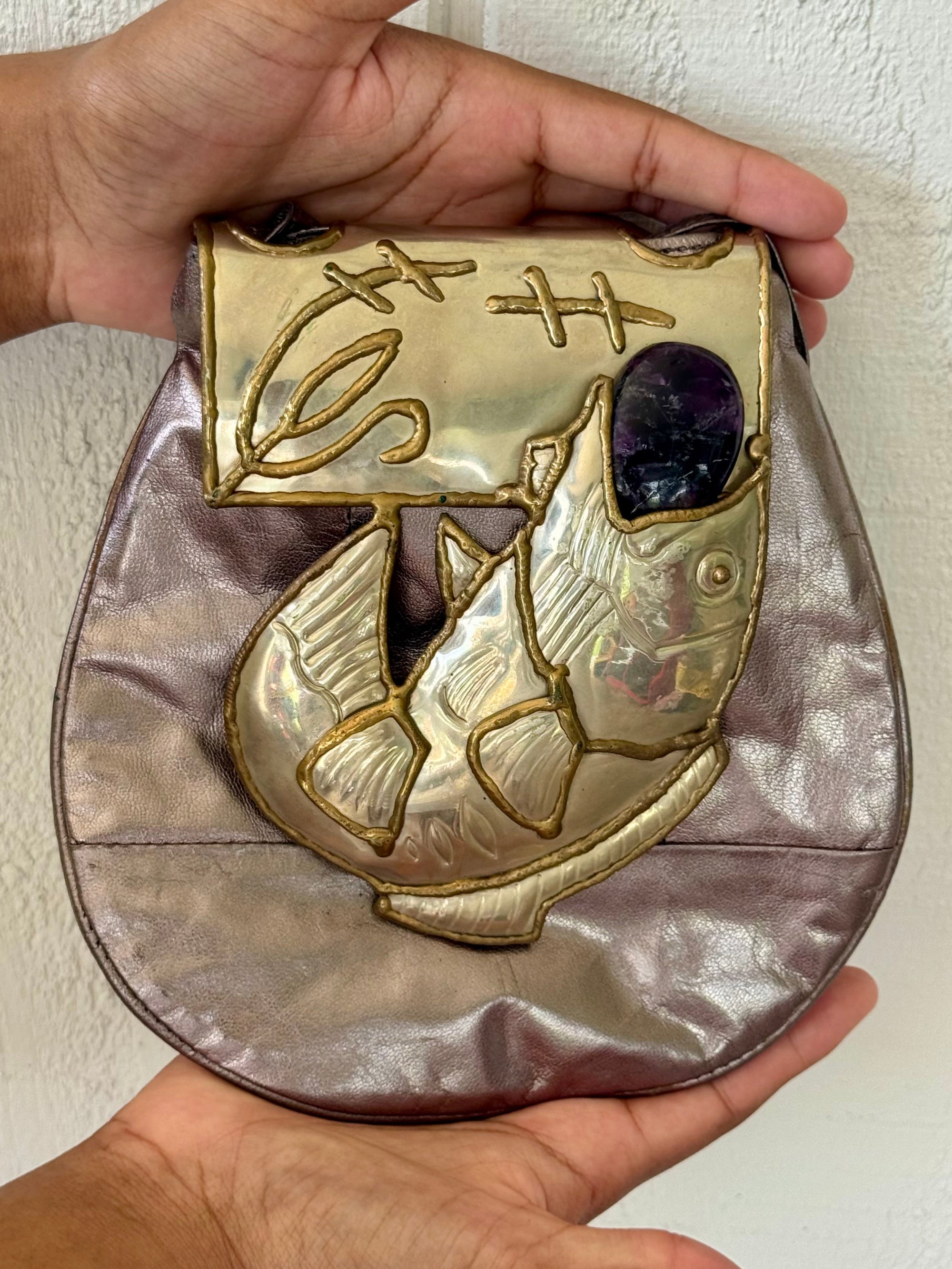 70s Brutalist Sculptural Brass Fish Pewter Gemstone Leather Crossbody Bag
