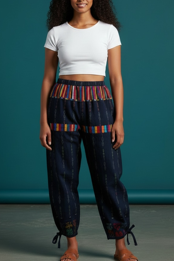 Guatemalan Artesanias Woven Pants Blue Boho Barrel Harem Unisex