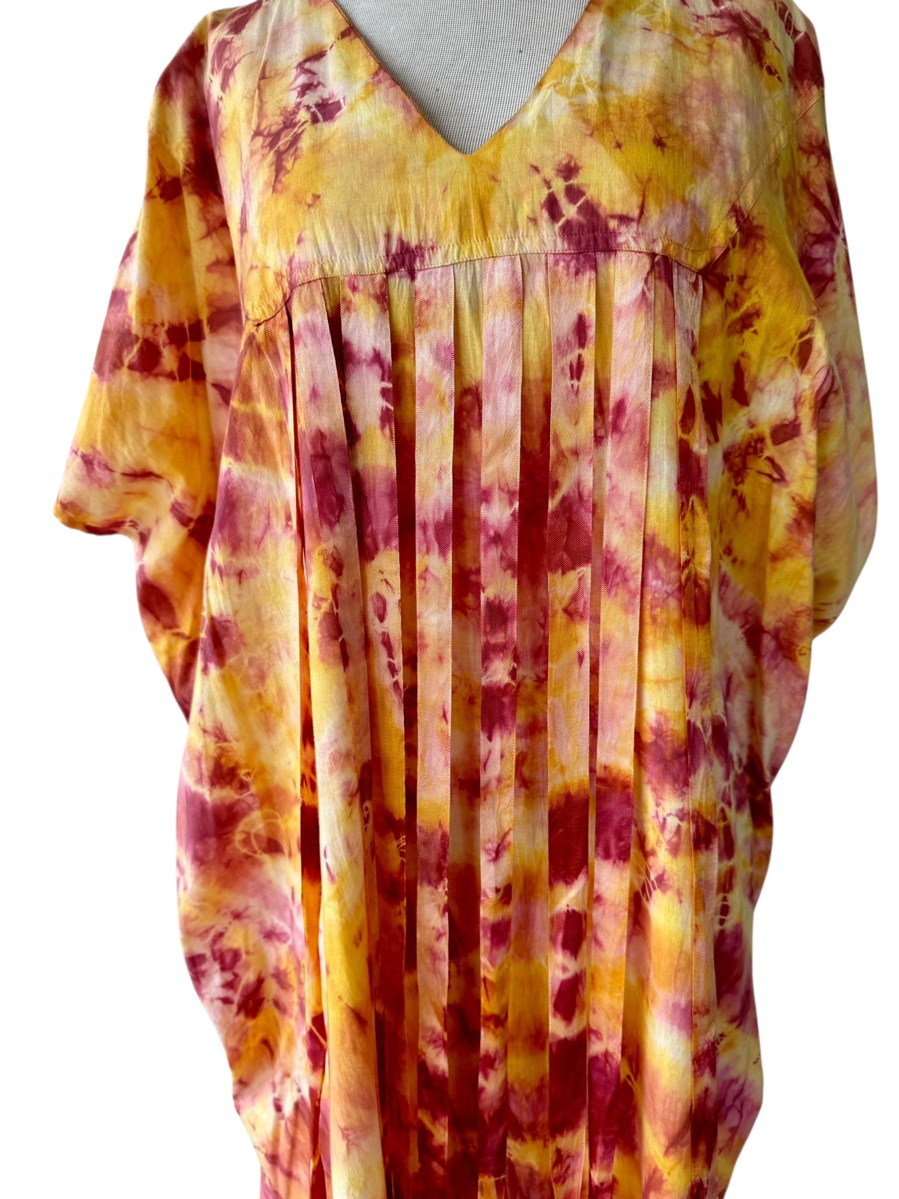 80s Paco Silva Batik Fringe Caftan Dress Tie Dye