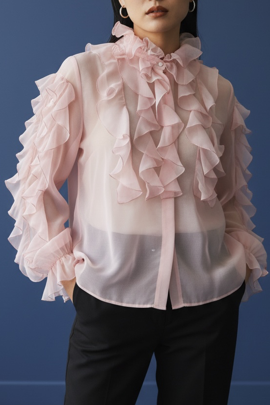 80s Gilberts For Tally Sheer Pink Ruffled Blouse Whimsical Chiffon