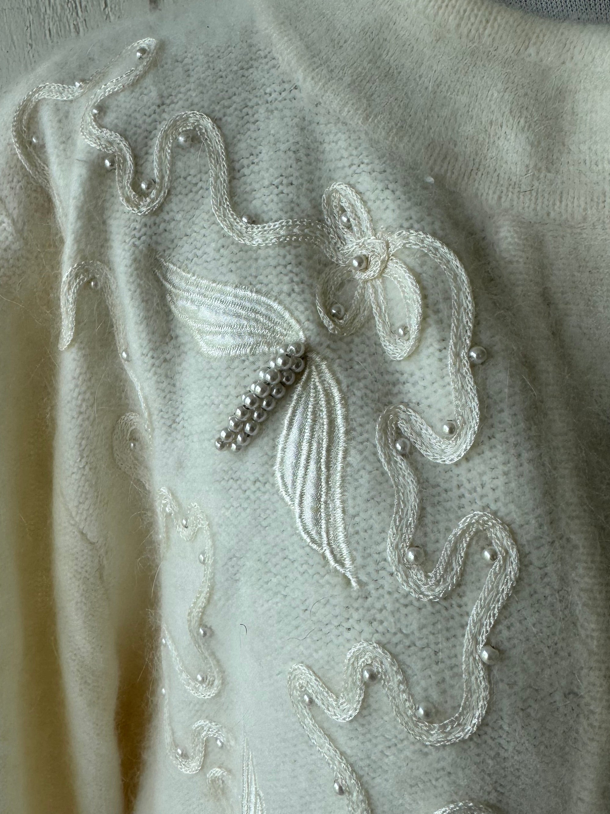80s Angora Cardigan Sweater Embroidered Cream Beaded Applique Pearls