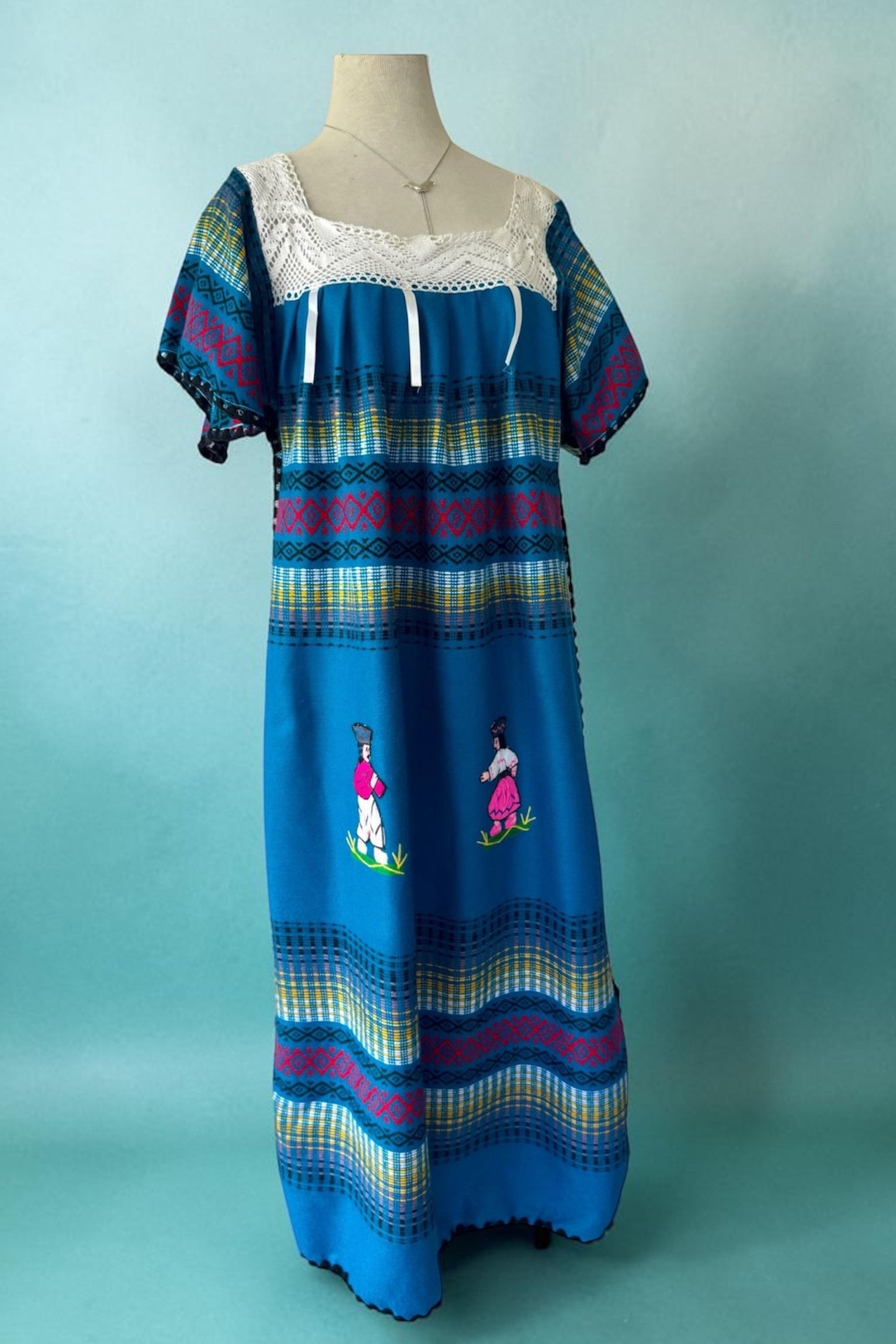 70s Ecuadorian Blue Embroidered Blanket Peasant Dress Caftan