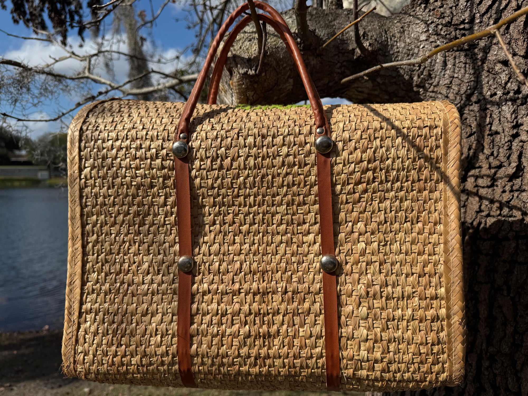 70s Mexico Floral Hand Woven Straw Basket Beach Bag Travel Tote