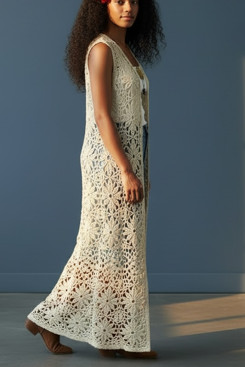 90s Krochetta Crochet Long Vest Duster