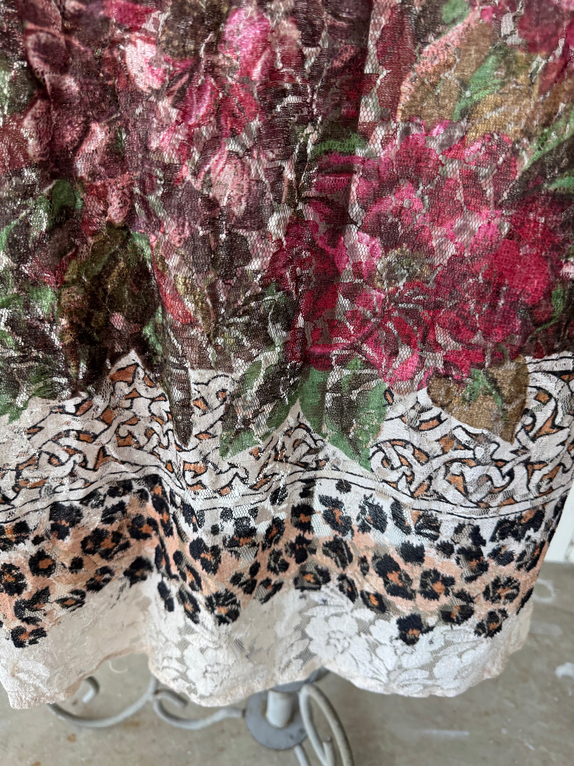 90s LOLA P Leopard Floral Lace Sheer Maxi Dress Y2k