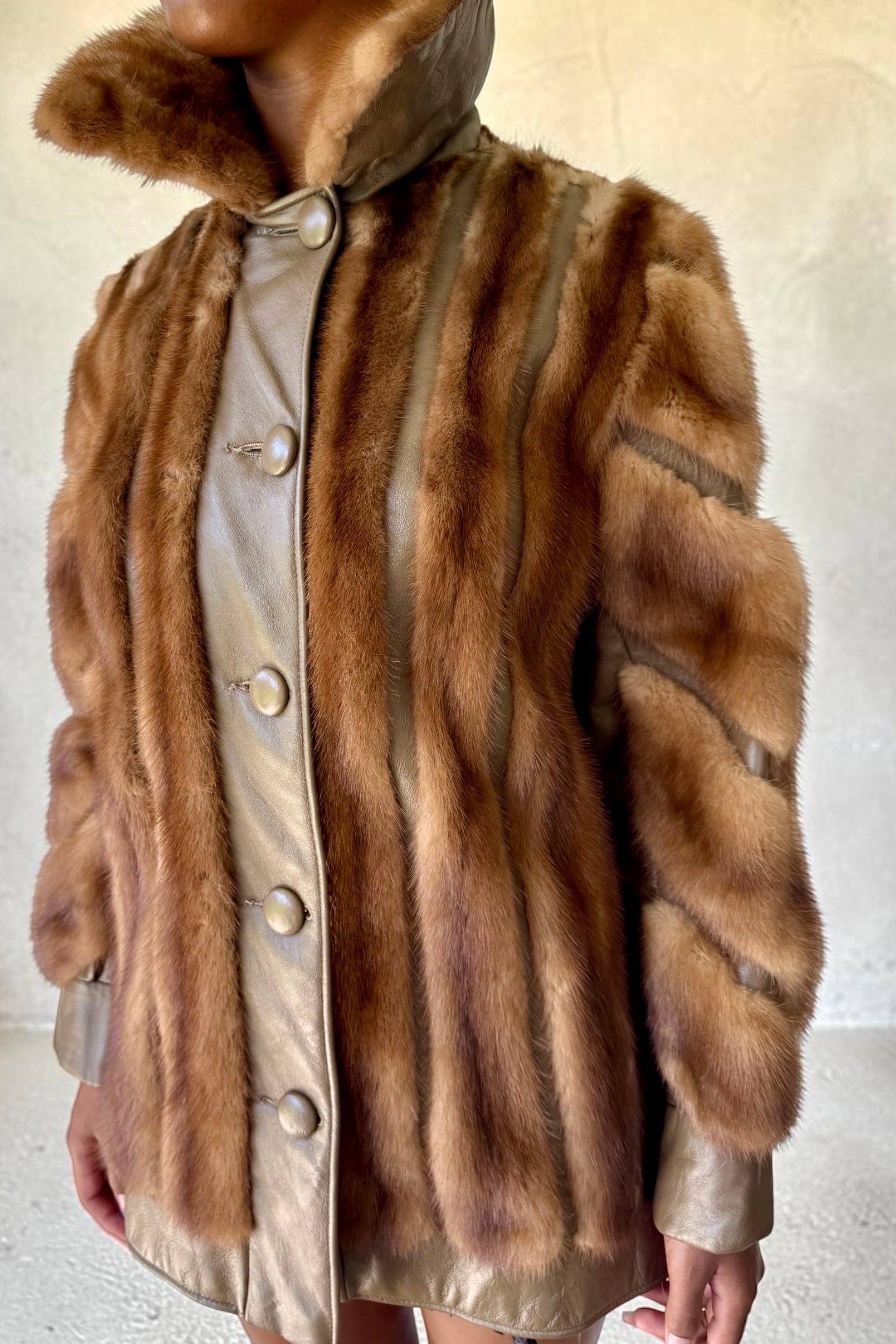 70s Mink Fur & Leather Chevron Patchwork Coat Brown Jacket