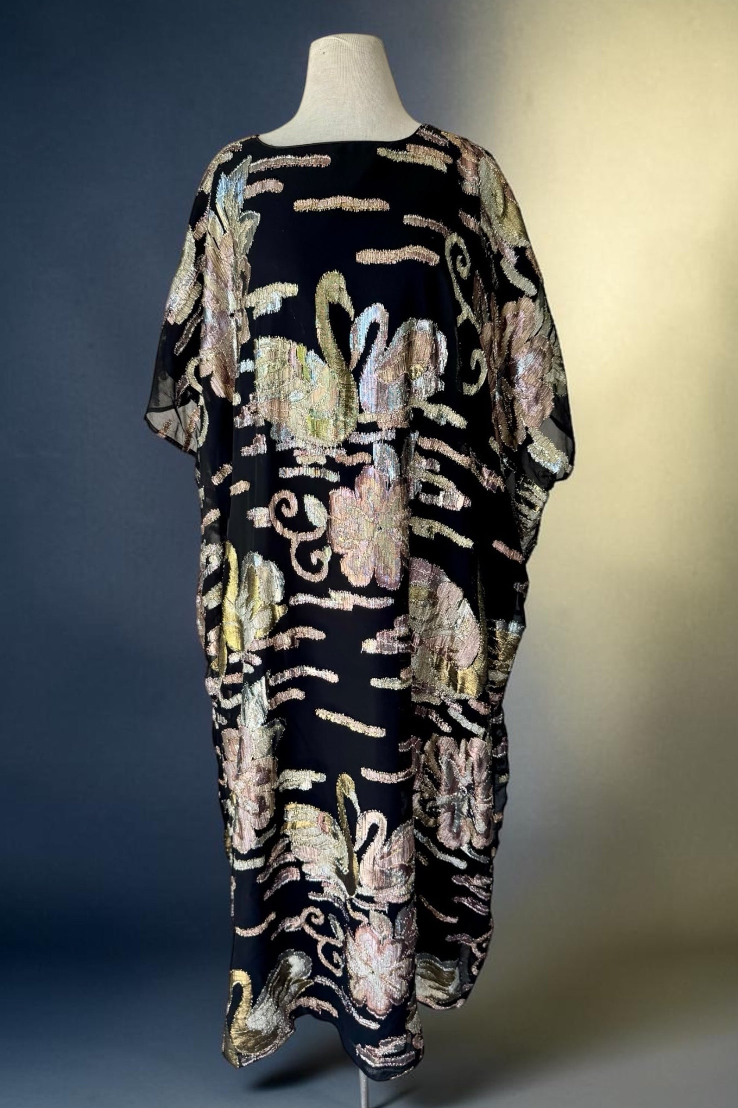 70s David Brown Swan Metallic Kaftan Maxi Dress