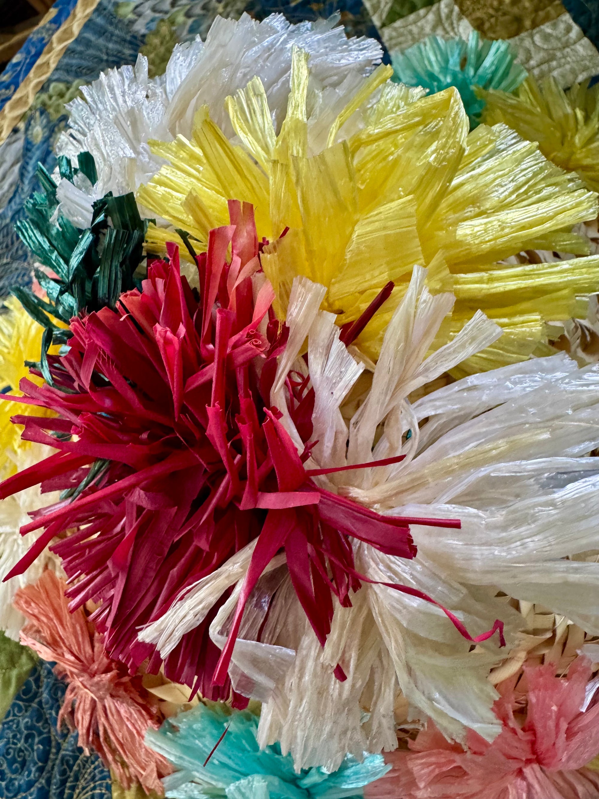 60s Conical Straw Beach Hat Raffia Ribbon Poms