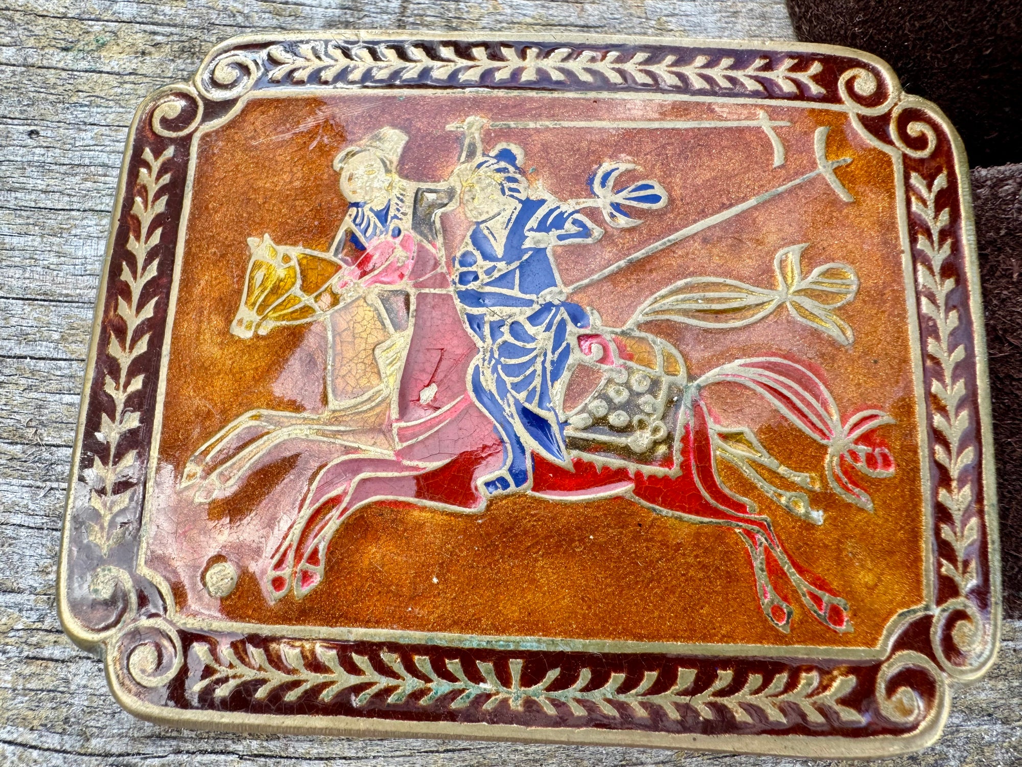 70s Golden Hands Samurai Warrior Suede Belt Enamel Buckle