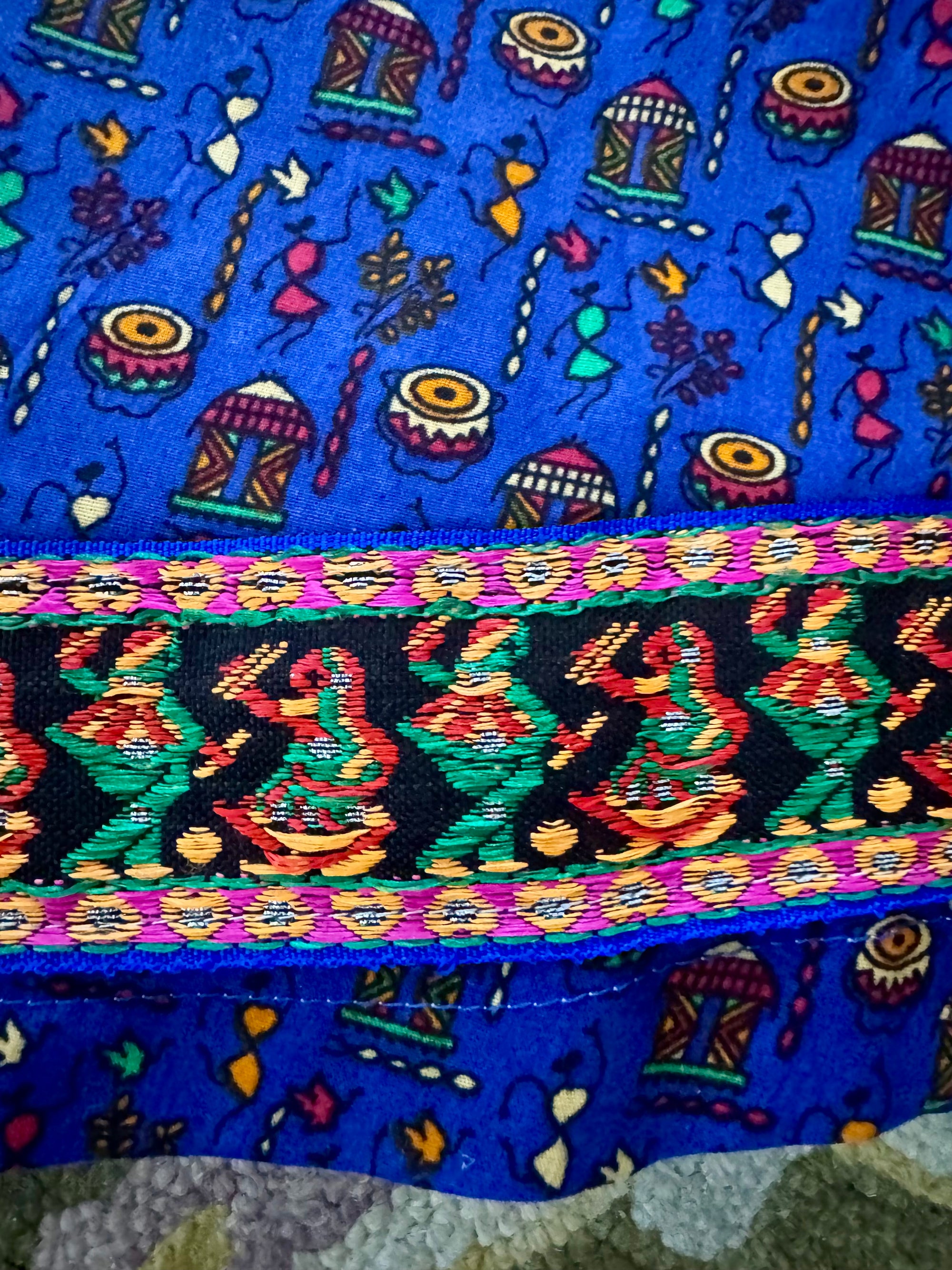 90s Handmade Purple Tribal Print Maxi Skirt Lehenga 2X Drums