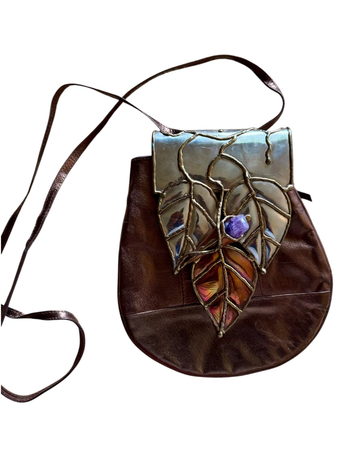70s Brutalist Sculptural Brass Copper Pewter Gemstone Leather Crossbody Bag