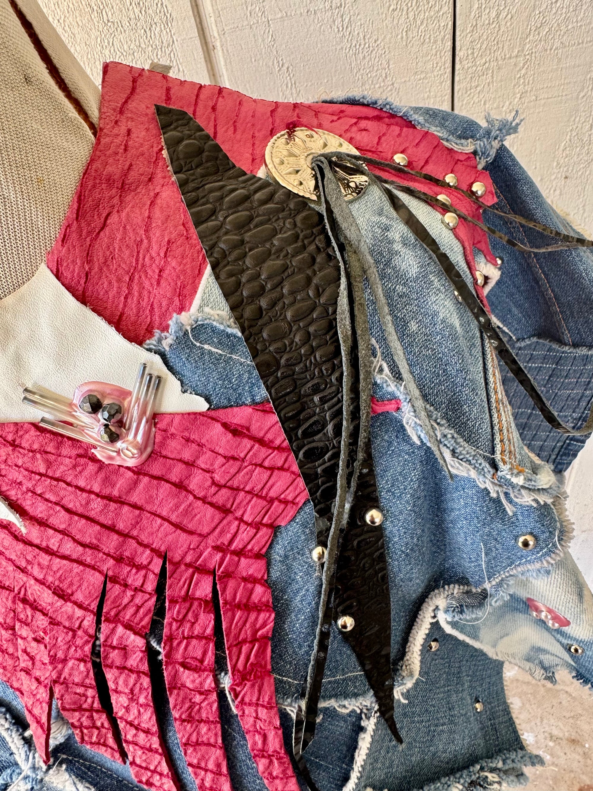 90s Patchwork Denim Poncho Handmade Studs Leather Art Wear