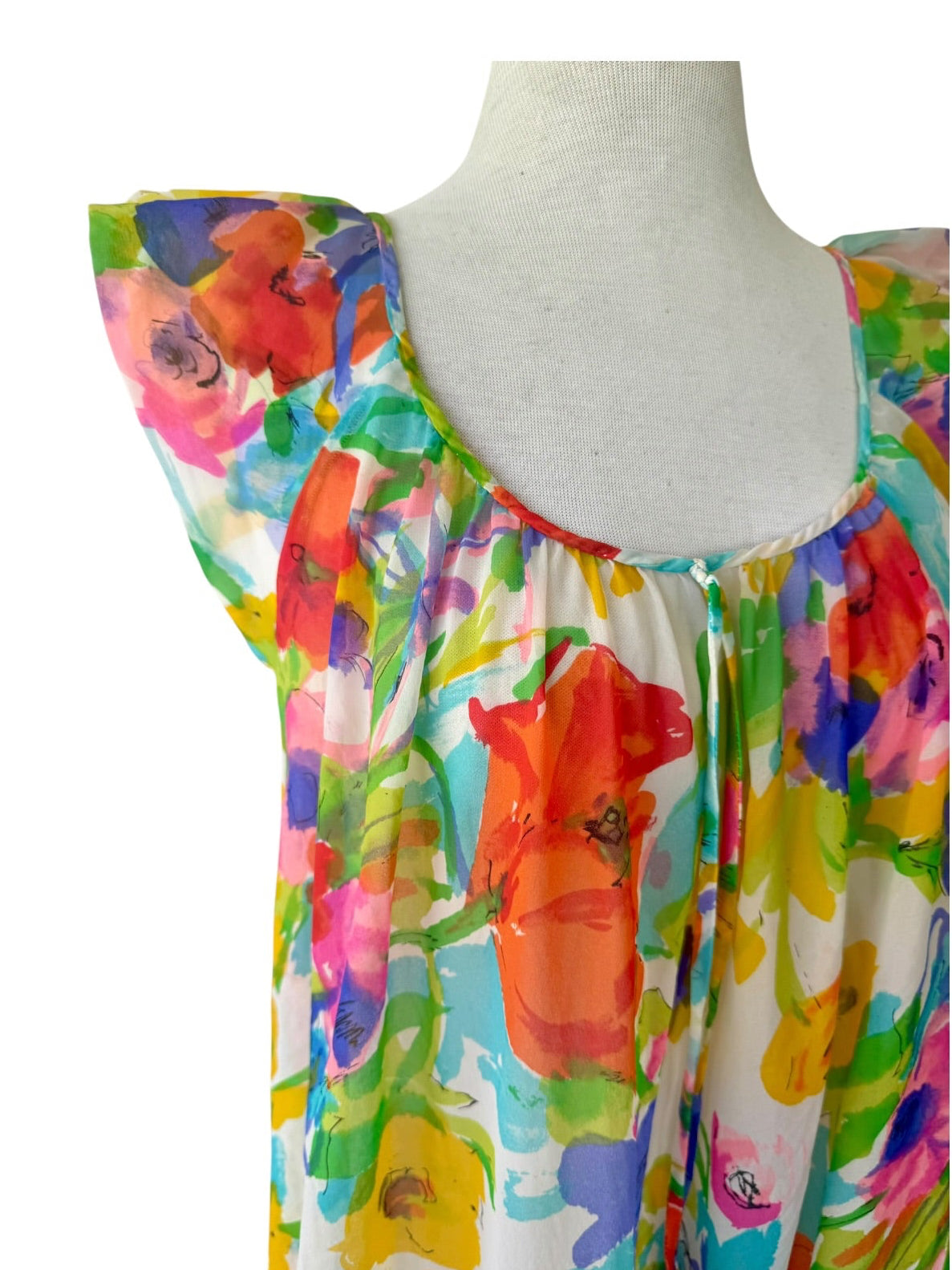 70s Mod Psychedelic Floral Sheer Night Gown Maxi Dress