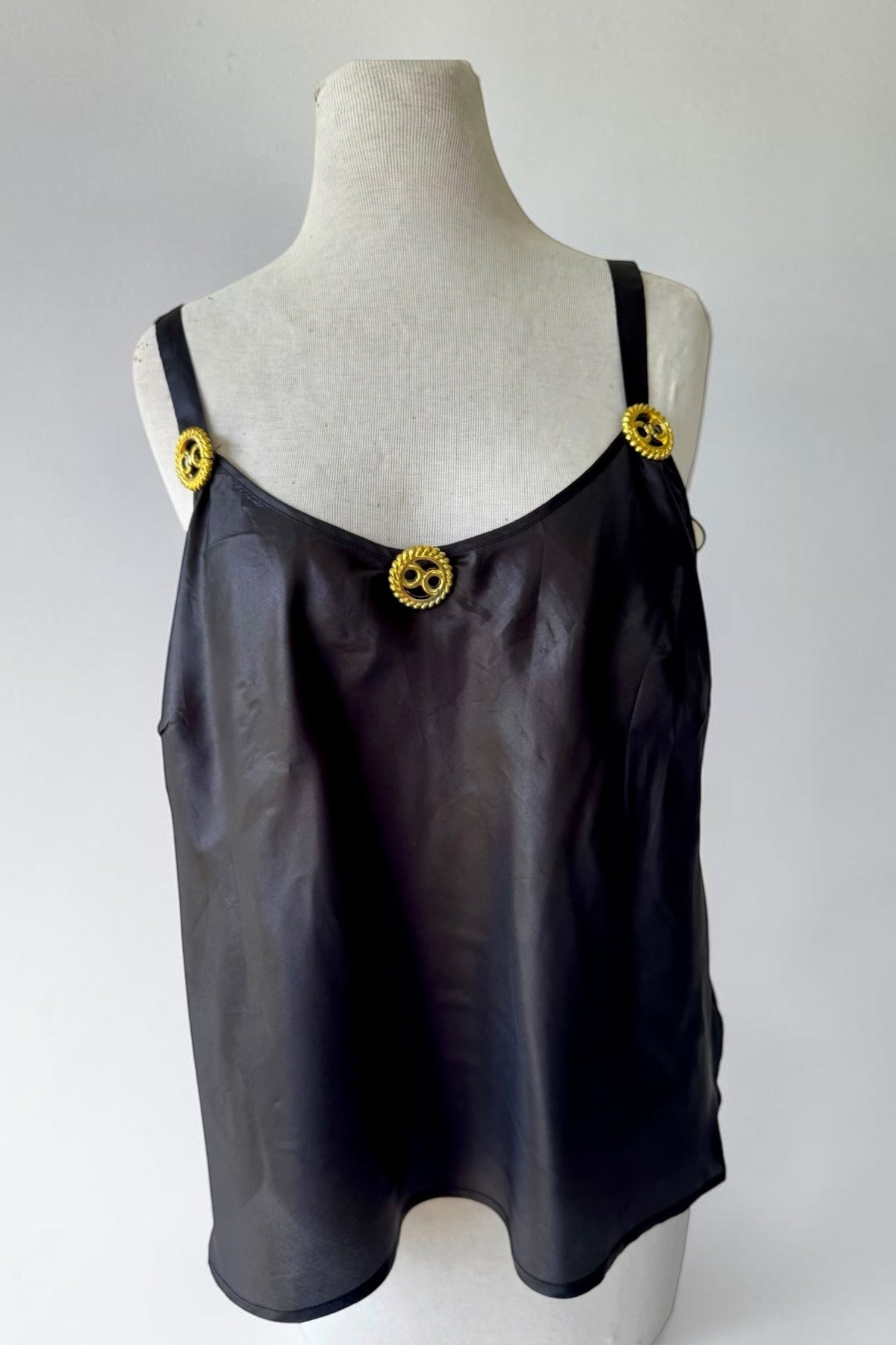 90s Black Satin Tank Gold Beaded Accents