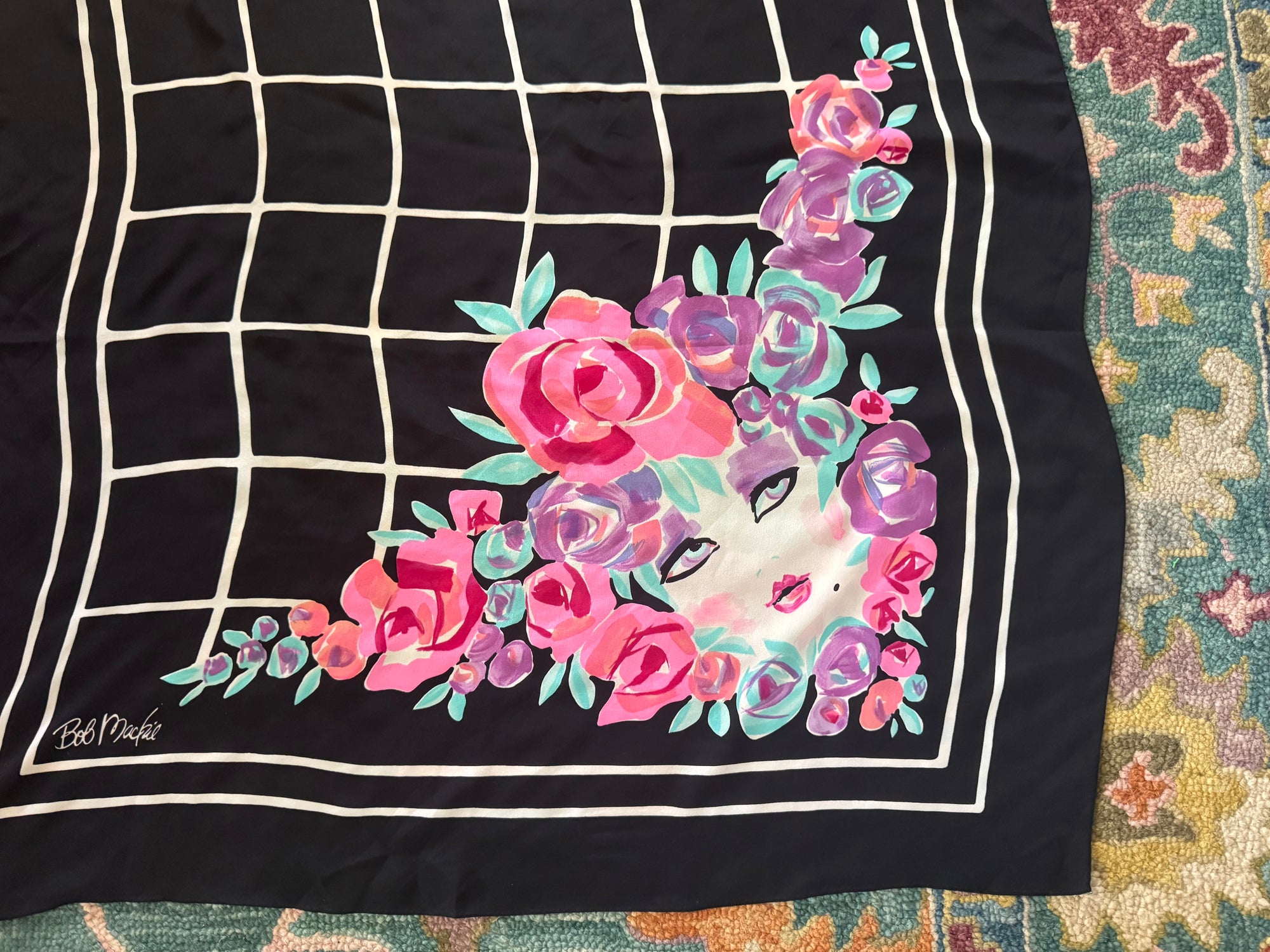 90s Bob Mackie Silk Scarf Colorful Goddess Face Floral 32x35