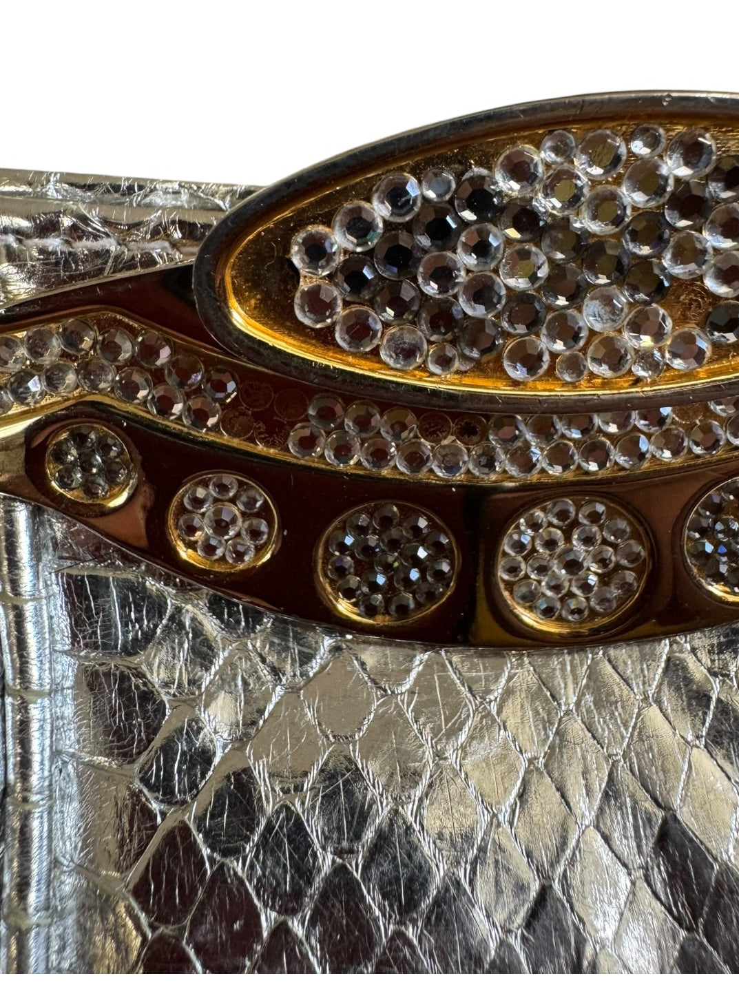 80s Bellini Collection Silver Metallic Lizard Rhinestone Clutch Bag