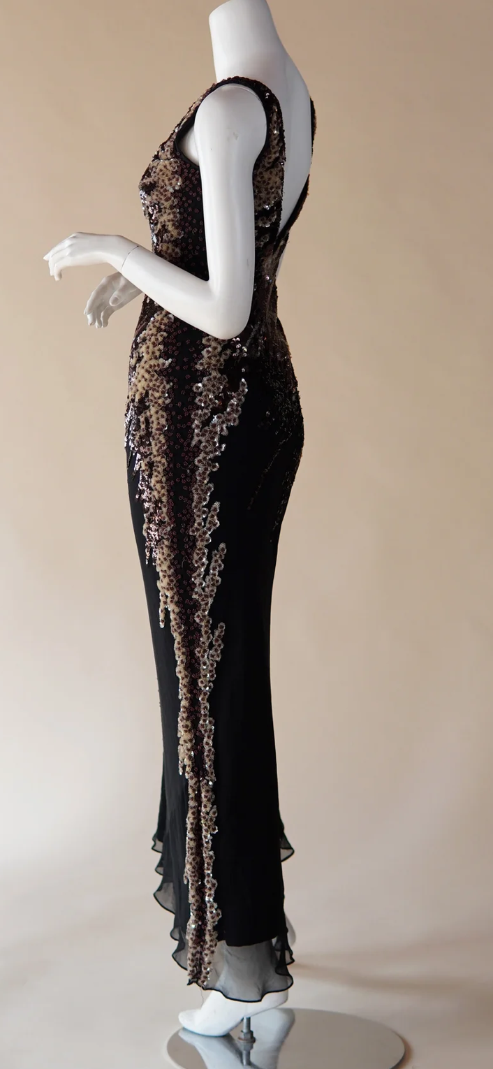 90s Caché Beaded Sequin Silk Gown