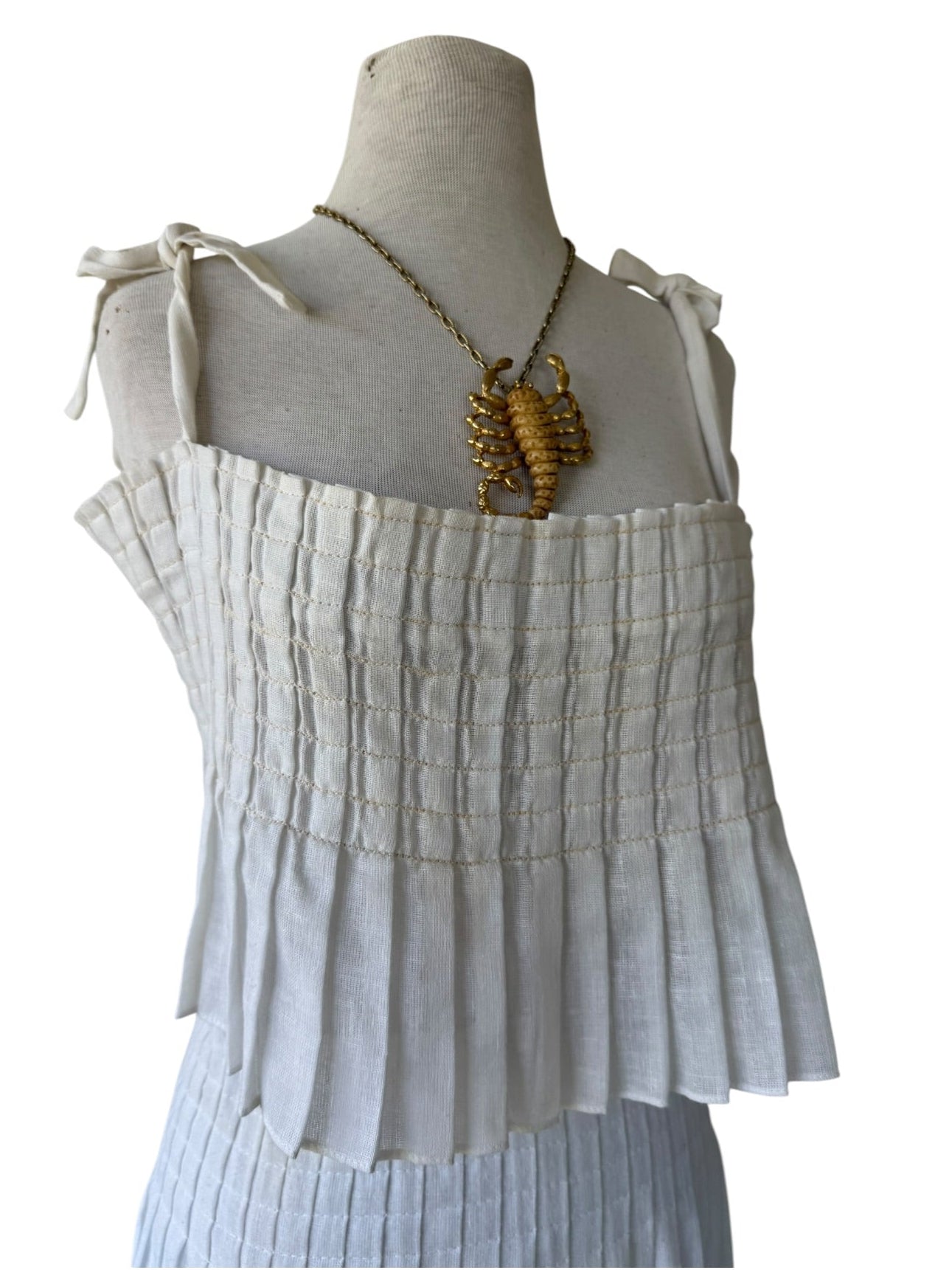 70s White Gauze Pleated Skirt Set