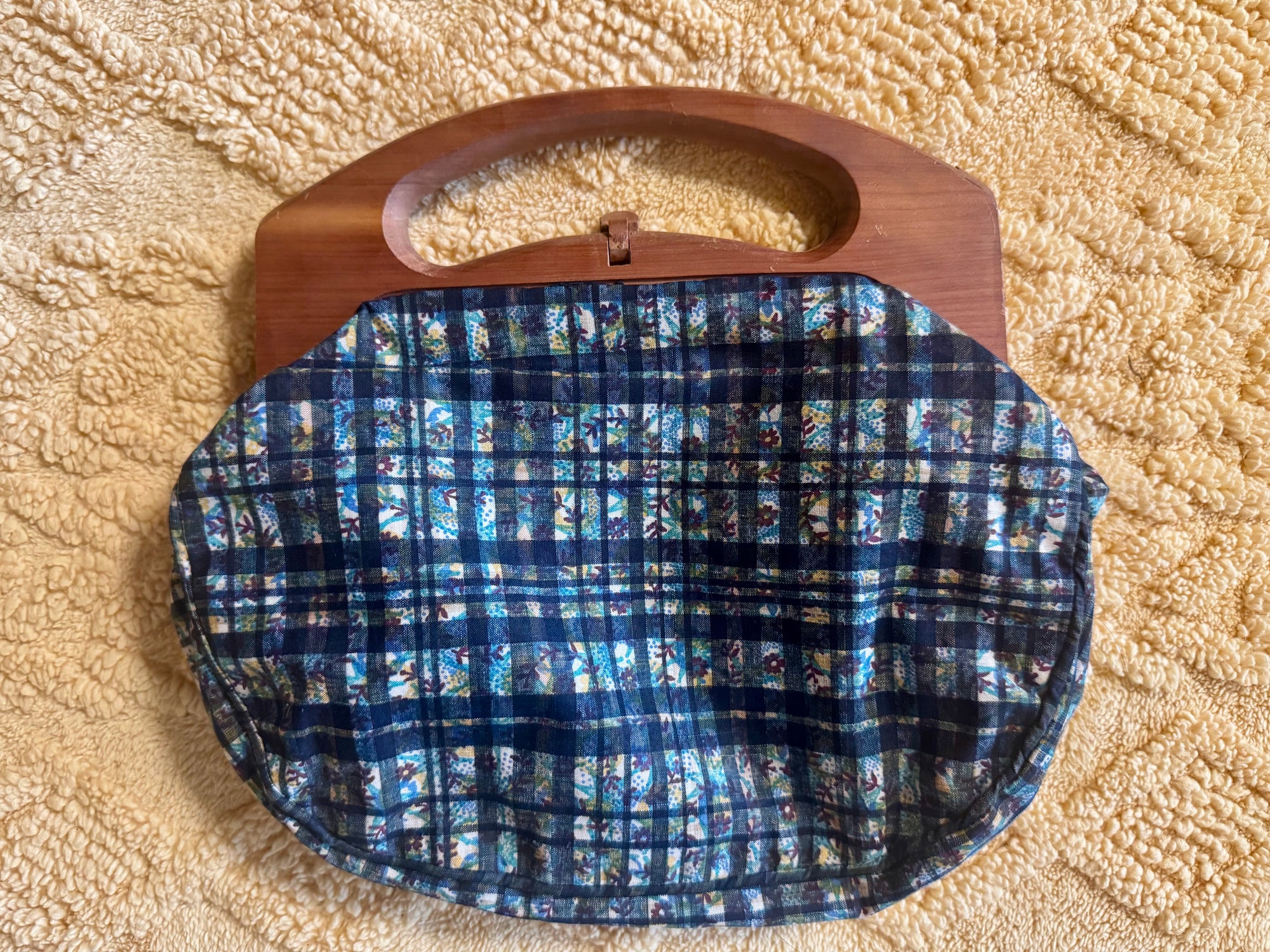 60s H A &E Smith Bermuda Bag Floral Plaid Batik Cedar Handle