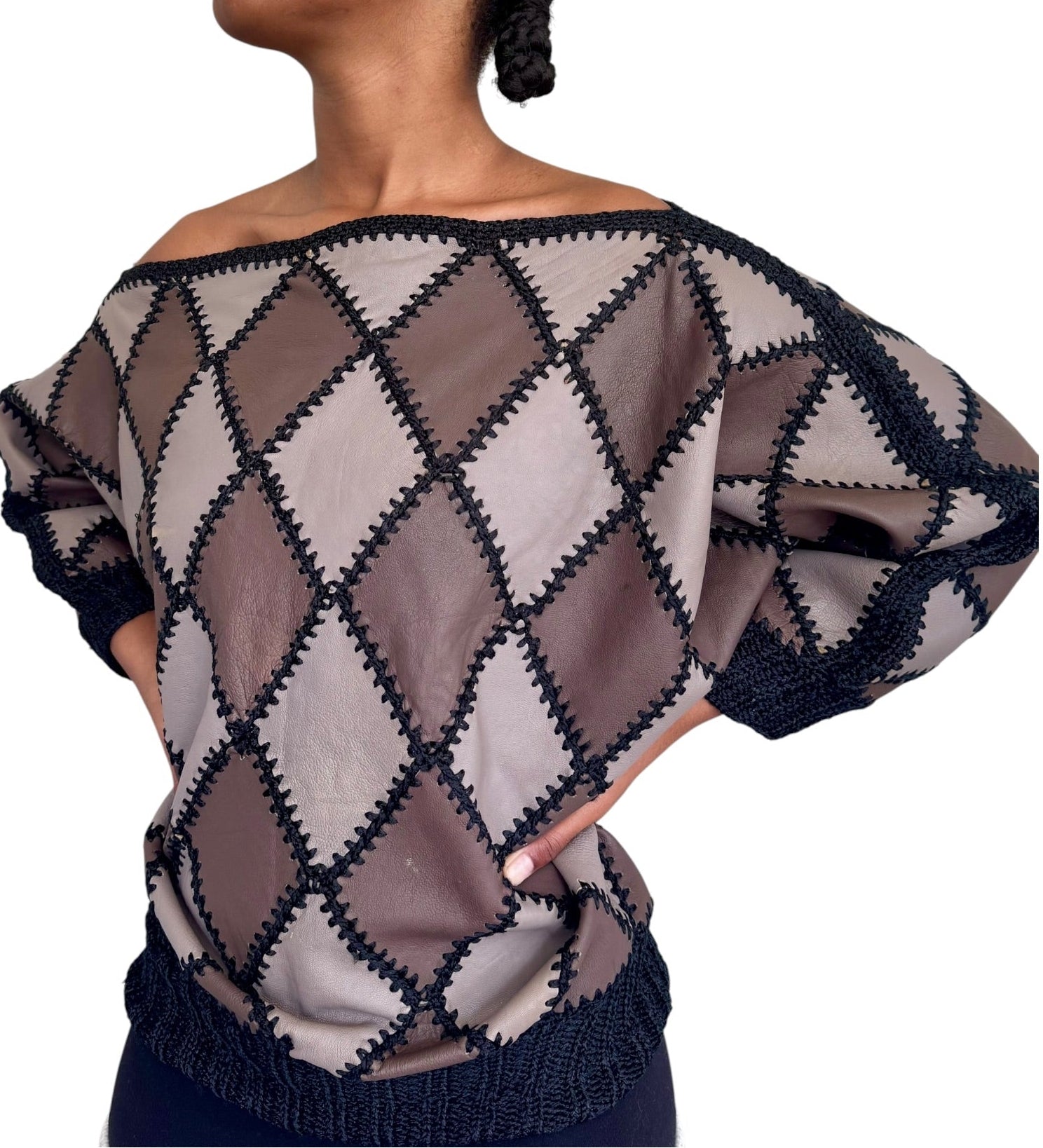 70s Patchwork Leather Crochet Harlequin Sweater Handmade 80s