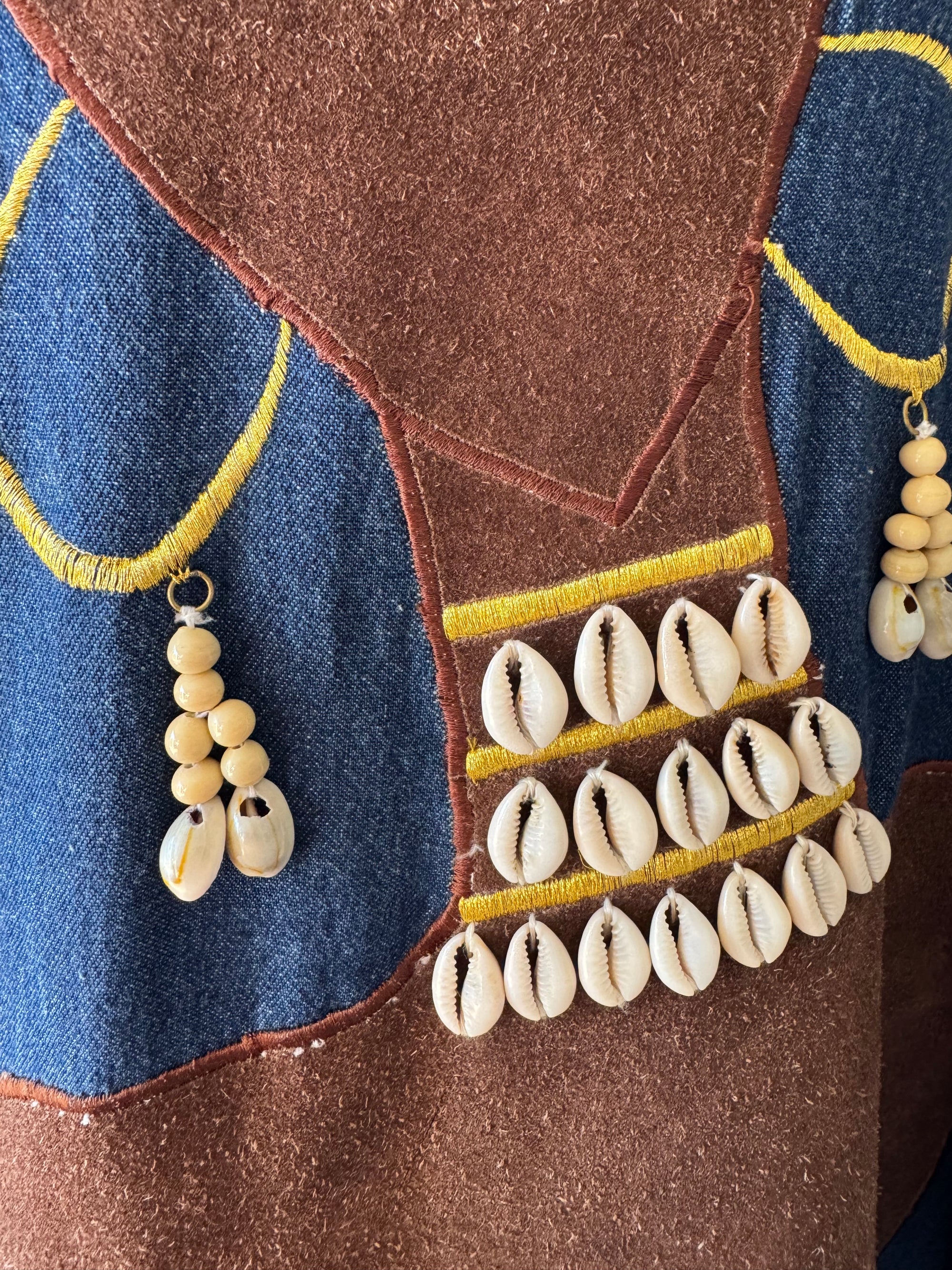 90s Molato Patchwork Denim Beaded Duster African Art Cowrie