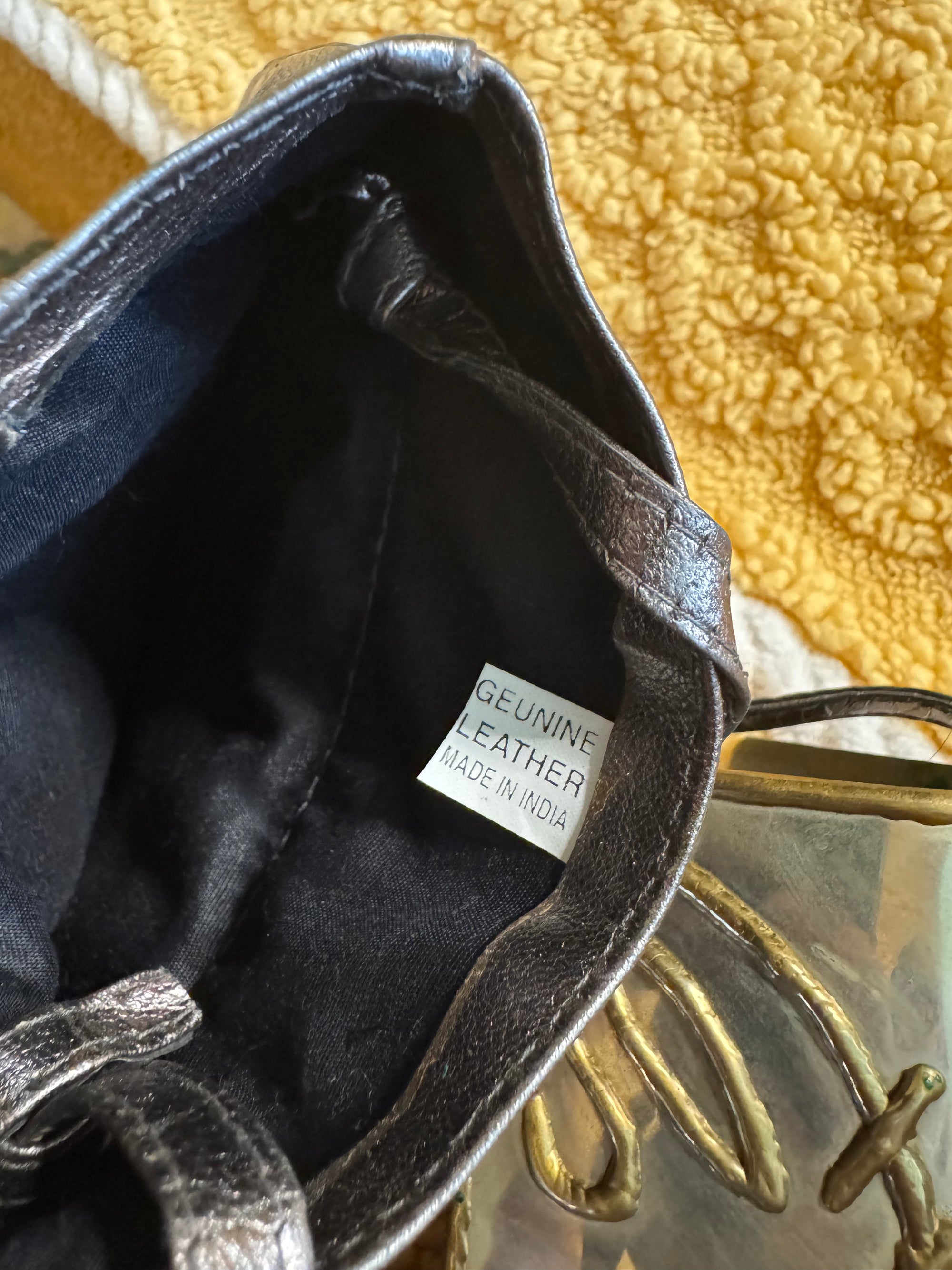 70s Brutalist Sculptural Brass Fish Pewter Gemstone Leather Crossbody Bag