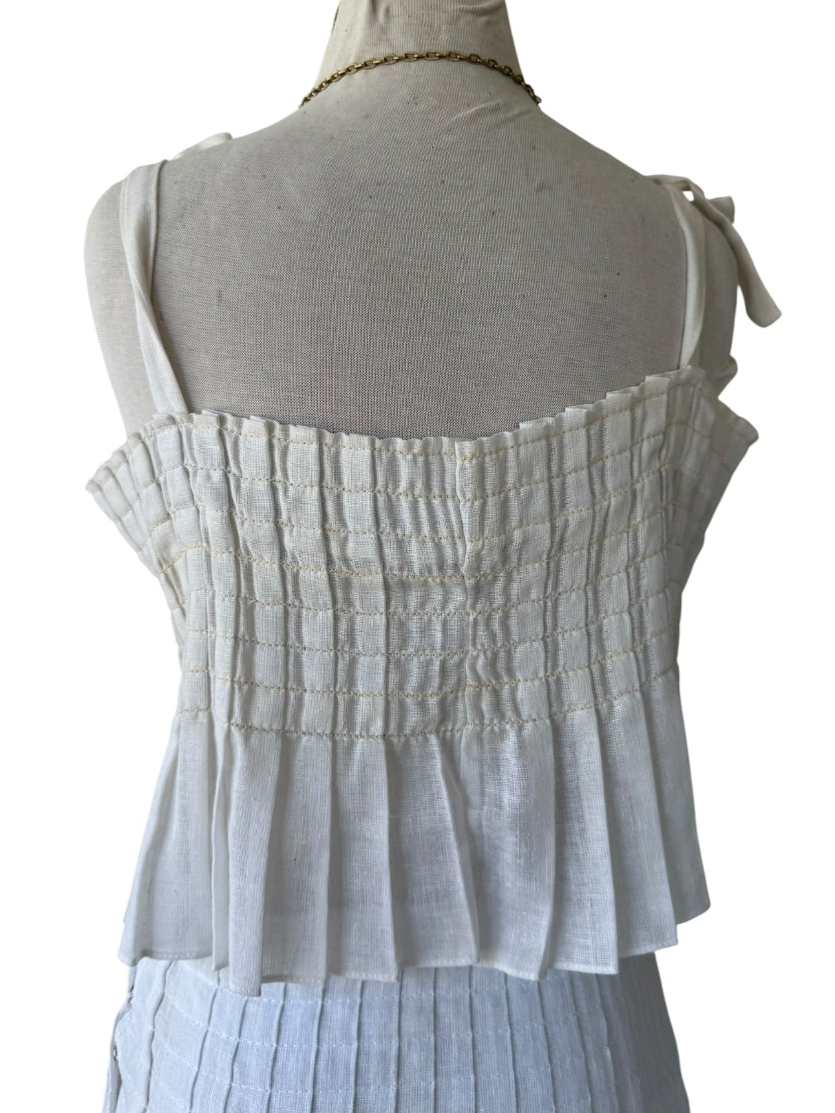 70s White Gauze Pleated Skirt Set