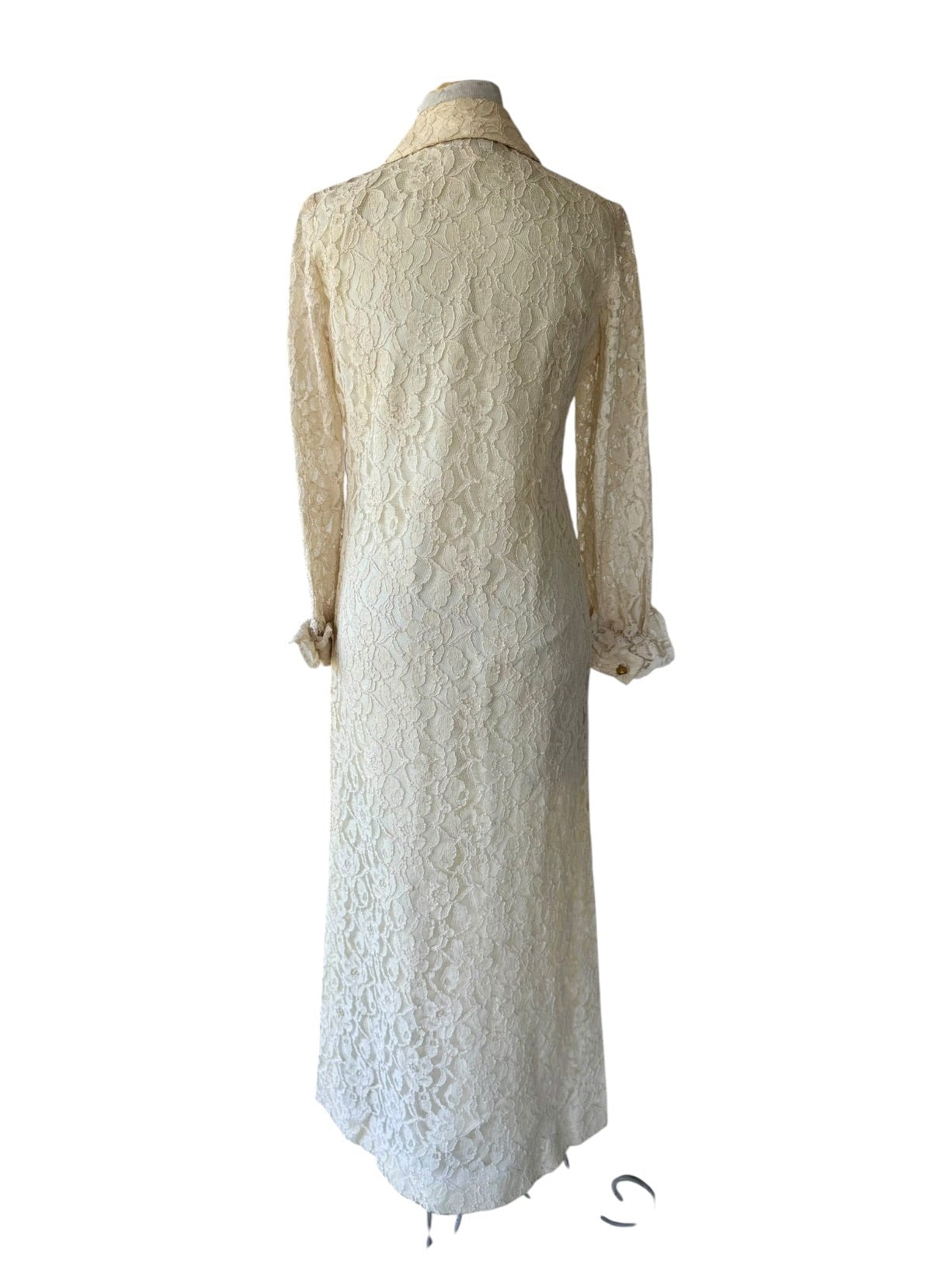 60s Samuel Grossman Ivory Lace Ruffle Maxi Shirt Dress
