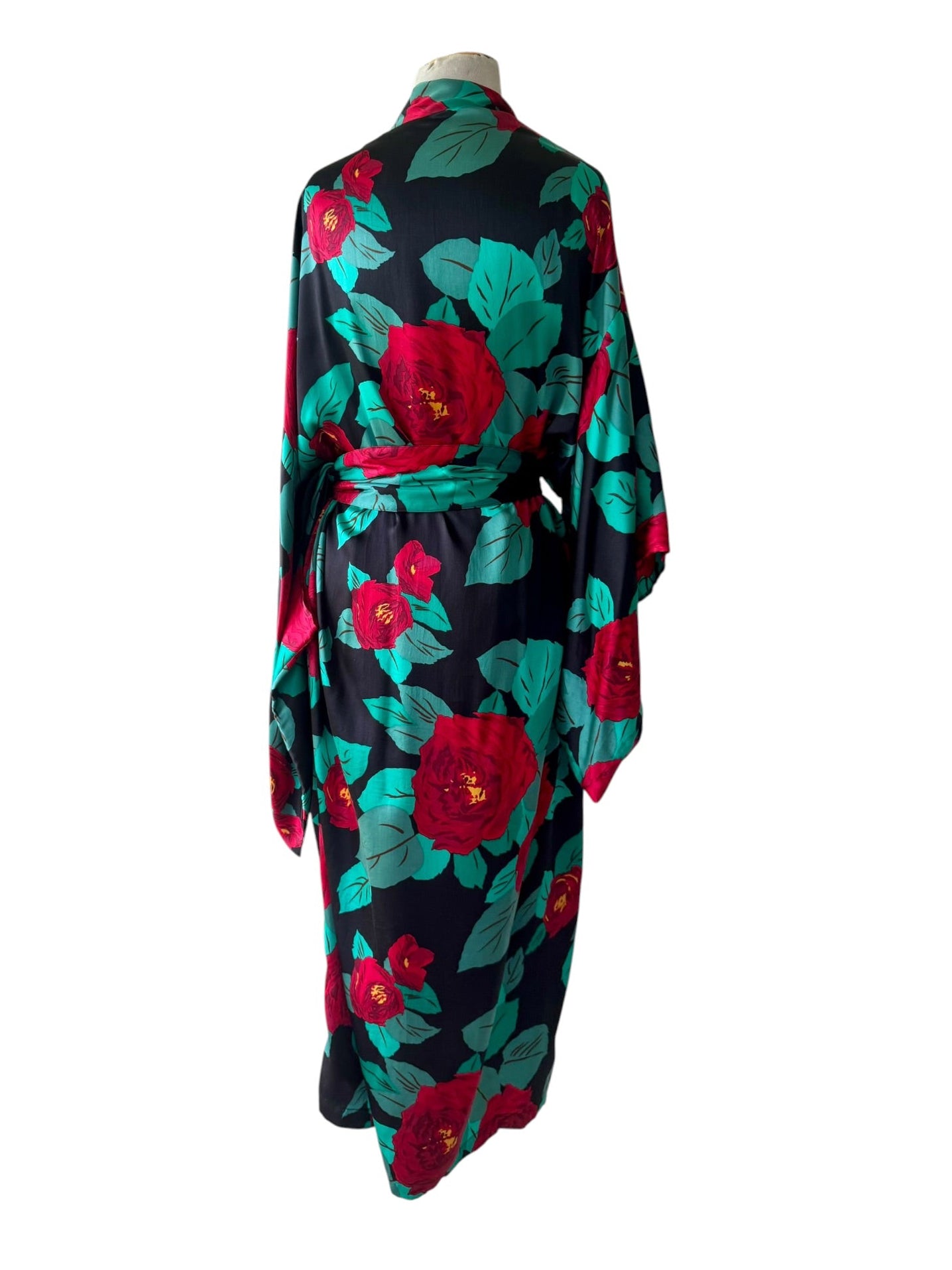 90s Victorias Secret Gold Label 100% Silk Red Rose Green Floral Kimono Robe