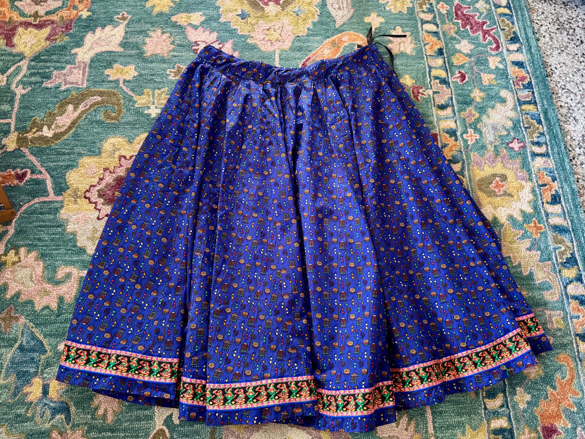 90s Handmade Purple Tribal Print Maxi Skirt Lehenga 2X Drums