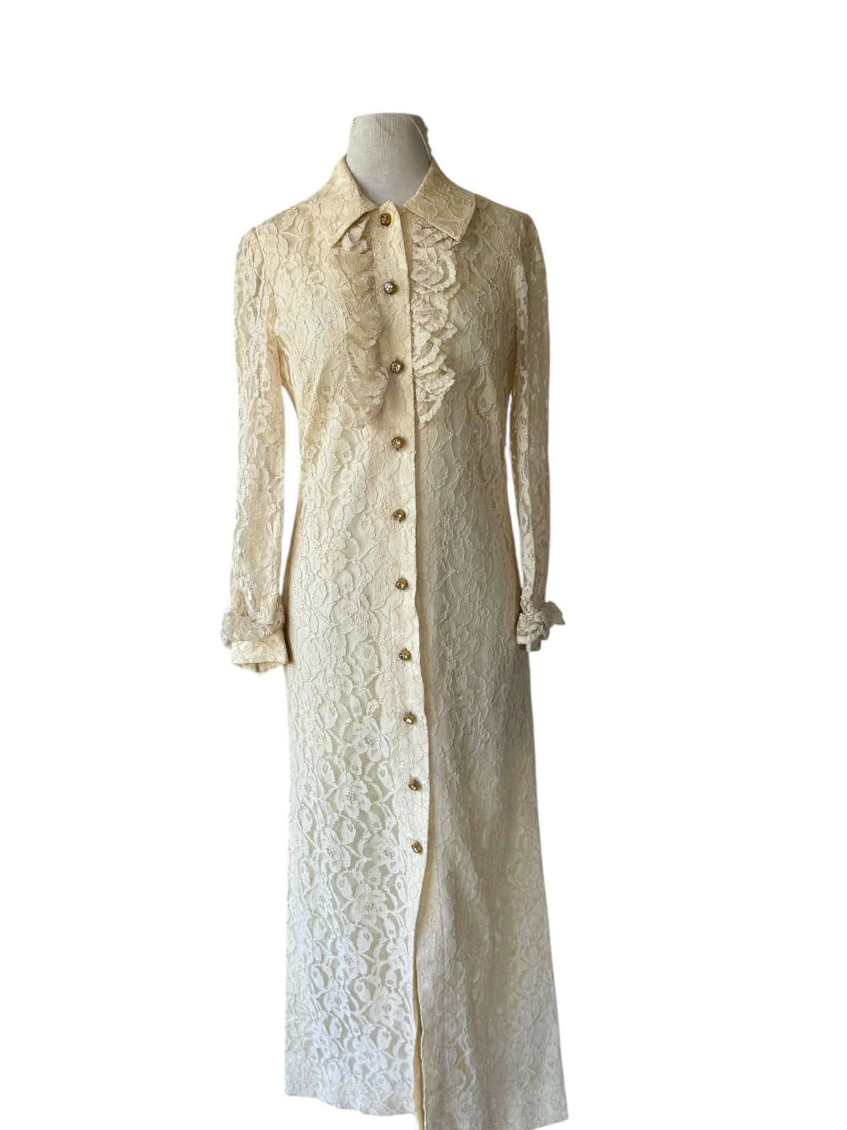 60s Samuel Grossman Ivory Lace Ruffle Maxi Shirt Dress