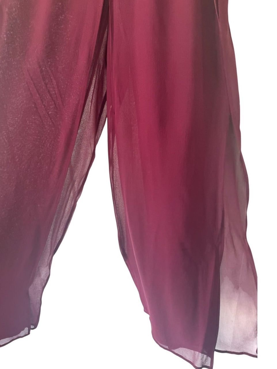 90s Tadashi Plum Silk Chiffon Sheer Wide Leg Palazzo Pants