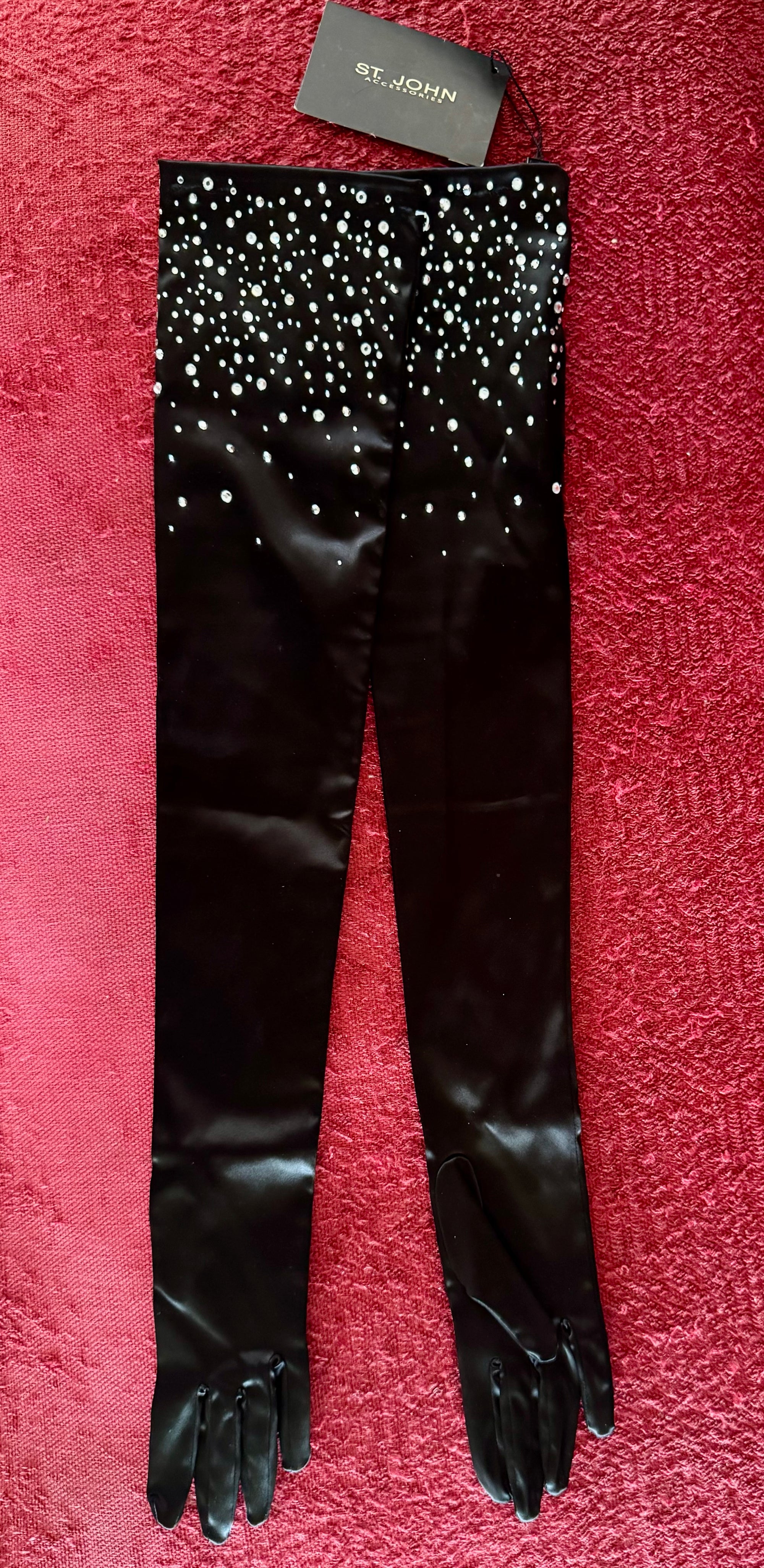 90s St John Black Satin Opera Length Gloves Rhinestones Sz 7 Formal NWT