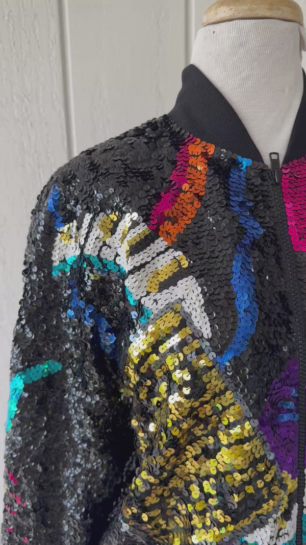 90s IB Diffusion Sequin Bomber Jacket Music Theme - Blackwork Vintage